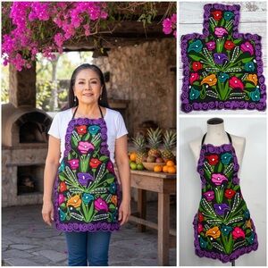 Colorful Mexican Embroidered Zinacantan Calla Lily Floral Artisan Apron